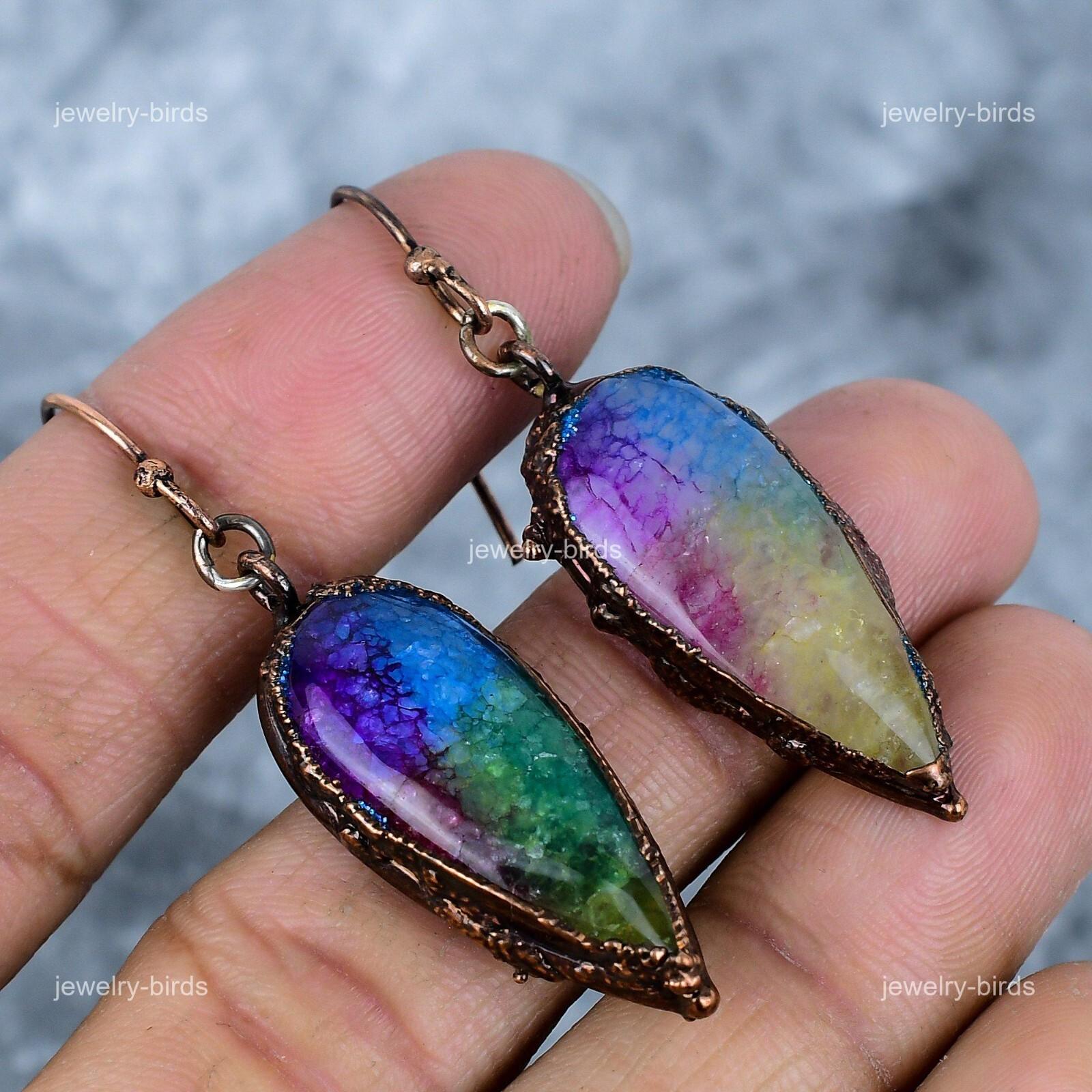 

Многоцветные серьги-капли с крючками, электроформованные из меди и натурального солнечного кварца, свадебная бижутерия VP-74