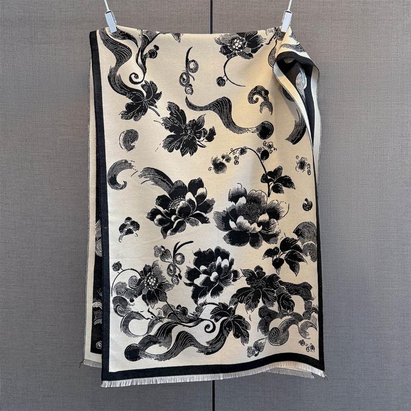 Autumn and winter new peony flower print scarf women's retro contrasting color imitation cashmere thickened warm fringed shawl