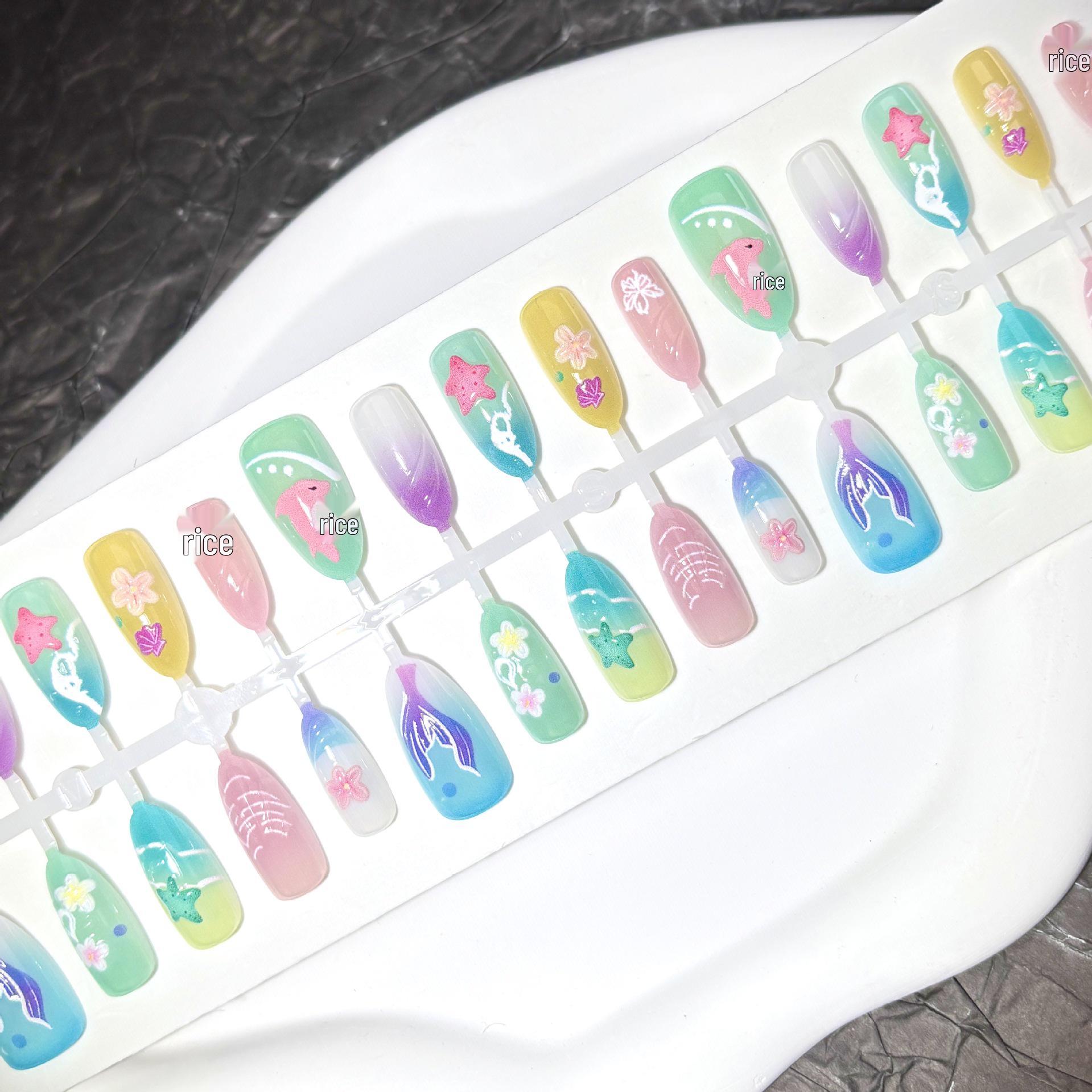 

Летний остров 3D Дофаминовые дельфины Накладные ногти - Острые наклейки для нейл-арта