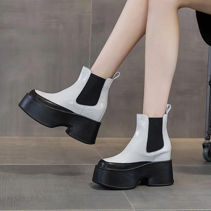 Fashion 11cm Rotro Genuine Leather Women Mid Calf Motorcycle Boots Platform Wedeg Lace Up Slip On Spring Autumn Winter Comfy Shoes