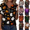 Women's Halloween Print Loose Fit V Neck Short Sleeve Top with Pocket Casual Shirt for Everyday Wear