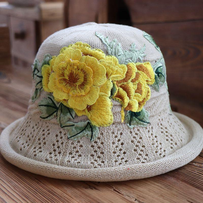 Vår og sommer etnisk vind broderi blomst sammenleggbar hatt dame strikkelue sandbøttehatt