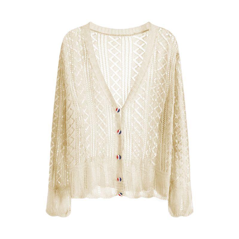 

Летний свитер с V-образным вырезом, женский кардиган, тонкий, короткий, свободный, ажурный, верхняя одежда, накидка, топ, защита от солнца, рубашка для помещений с кондиционером Apricot L