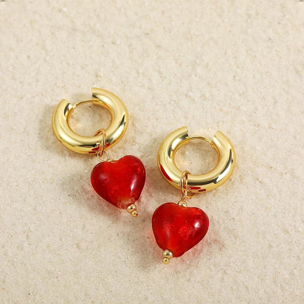 Colorful Glass Heart-shaped Pedant Drop Earrings For Women Stainless Steel Round Circle Hoop Hanging Earring Minimalist Jewelry