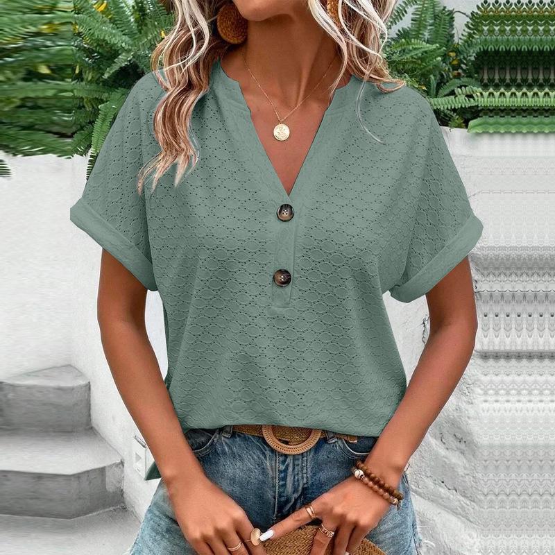 Spring/Summer 2025 Women's Casual V-Neck Button T-Shirt - Solid Color Fashion