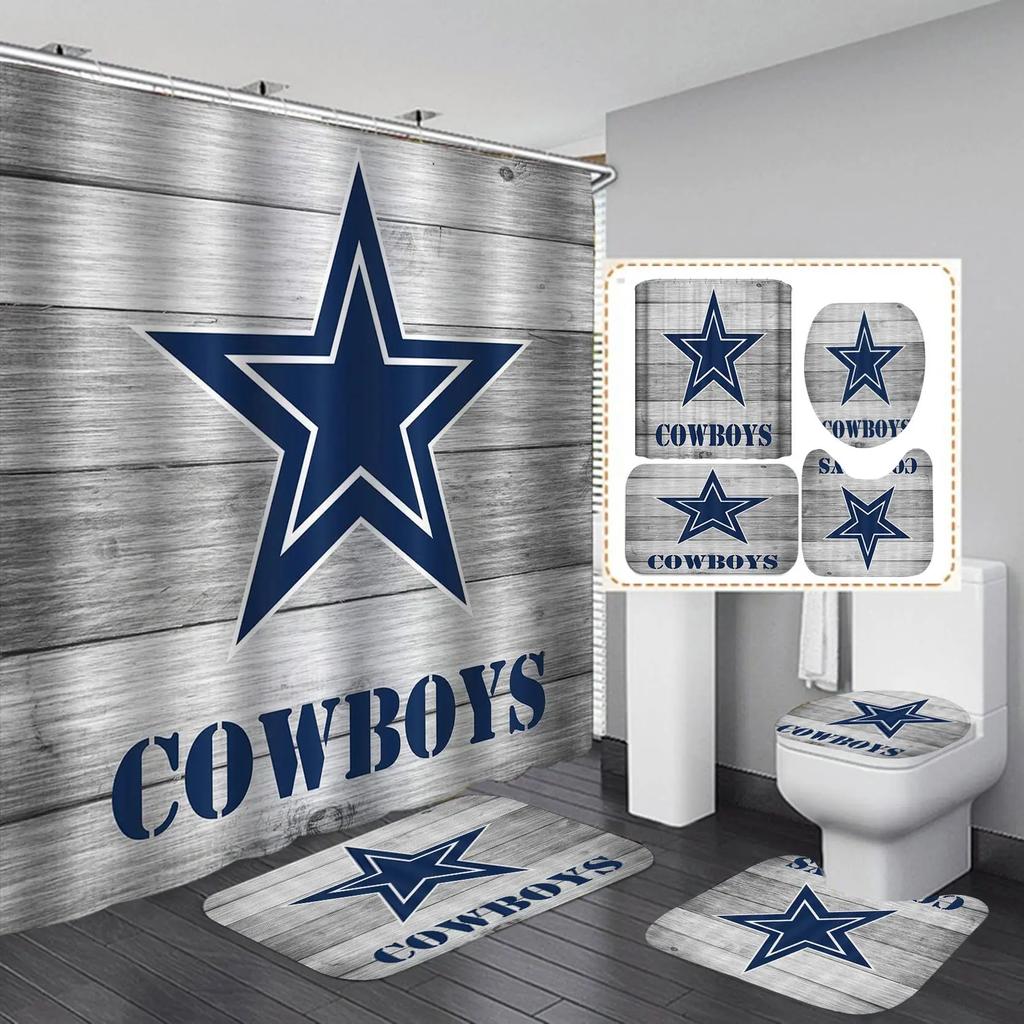 White Navy Blue American Football Shower Curtain Set,Modern Texas Star Rugby Athlete Helmet Sports Bathroom Set Non-Slip Mat Rug