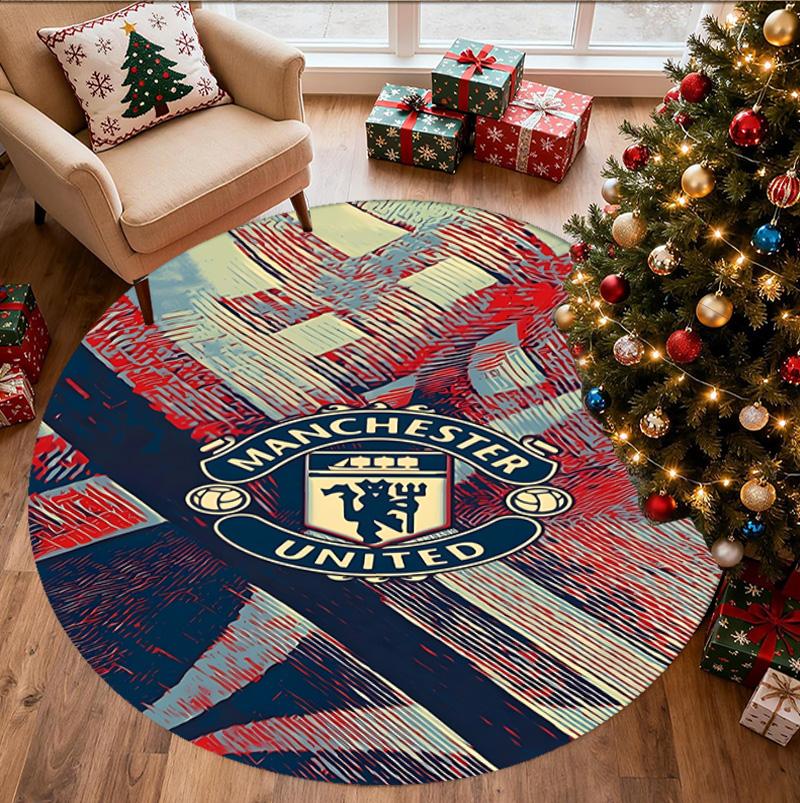 Manchester United F.C Pattern Round Rug, Indoor/Outdoor Mat, for Picnic, Gameroom, Bedroom, Office, Living Room, Home Decor Carpet, Birthday Gift