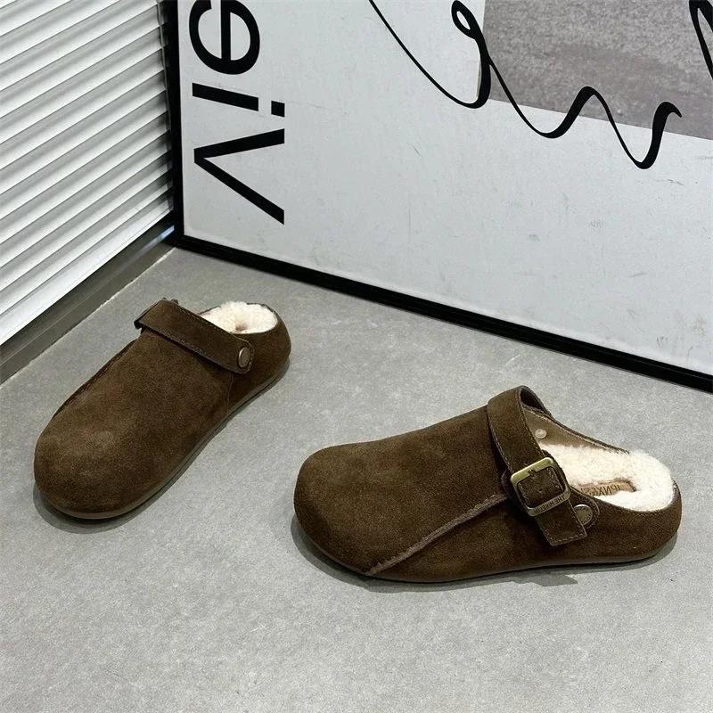 New Womens Home Slippers Comfortable Thick-soled Spring and Autumn Classic Suede Design Baotou Slippers Plush Mujer Zapatos