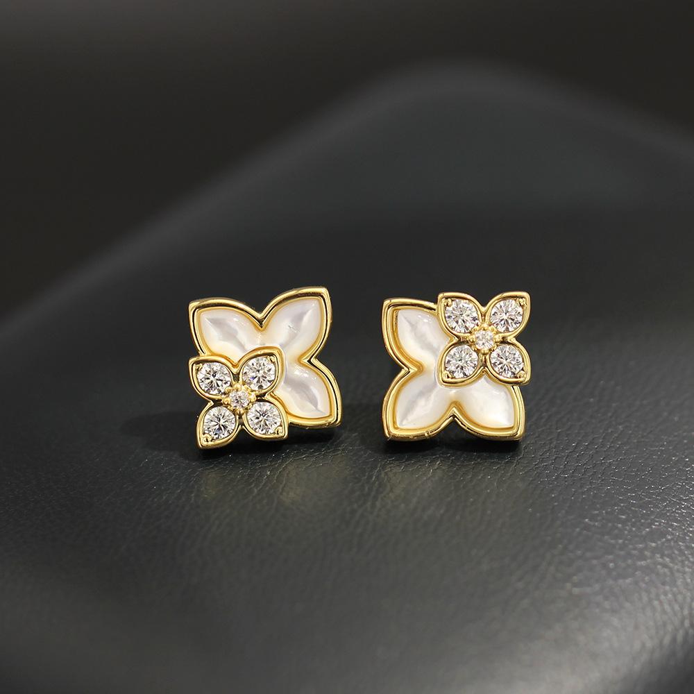 European and American niche classic diamond-encrusted four-leaf clover fritillary stud earrings temperament versatile four-color 925 silver needle ear
