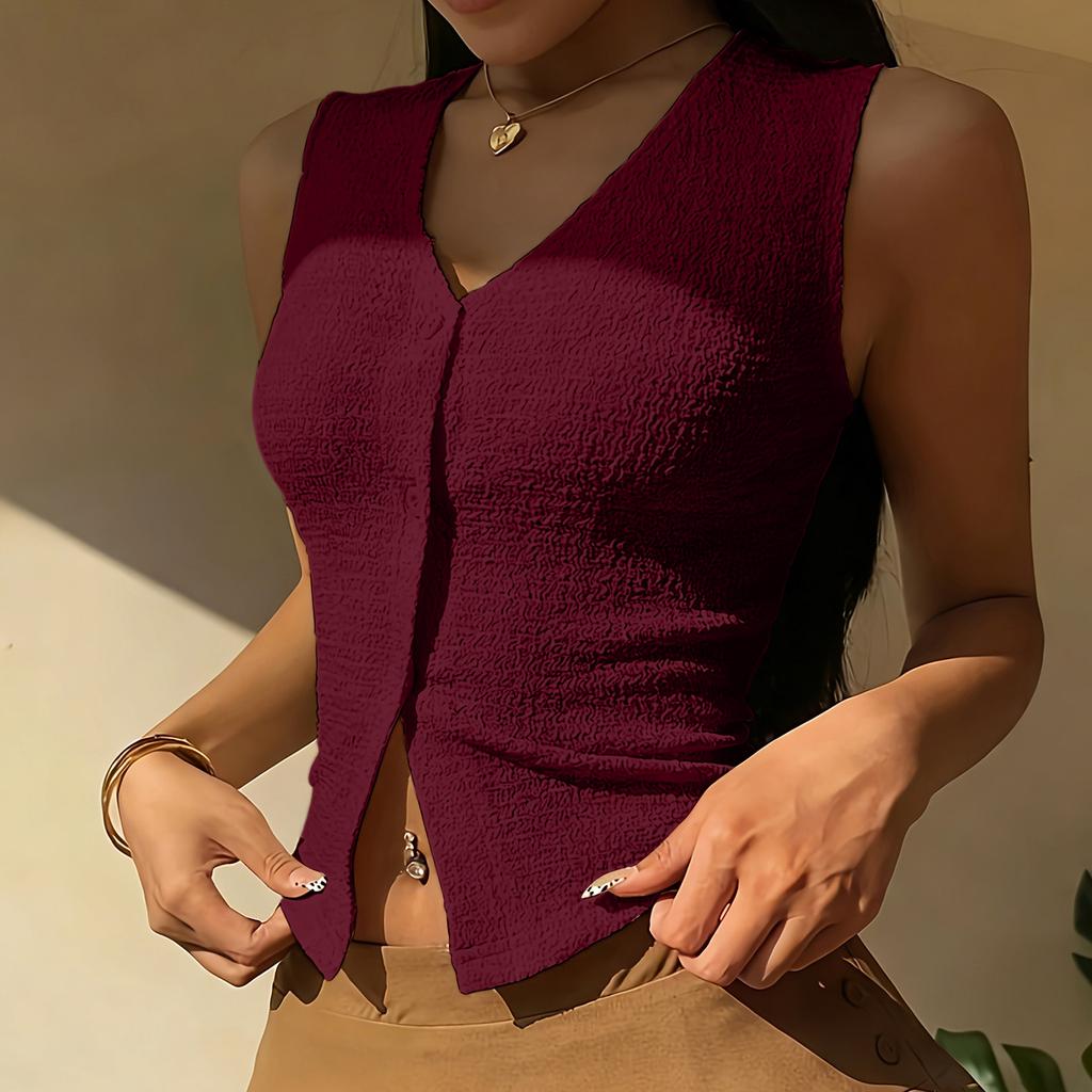 Women's Color V-neck Sleeveless Vest Top Button Inch Shirt