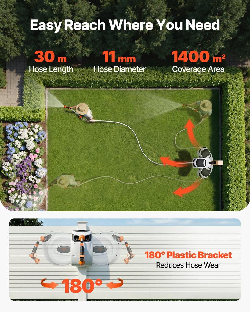 VEVOR Retractable Garden Hose Reel, 1/2 in x 98.43 ft Wall Mounted Hose Reel, Heavy Duty Garden Hose Reel with 9 Patterns Nozzle, Any Length Lock