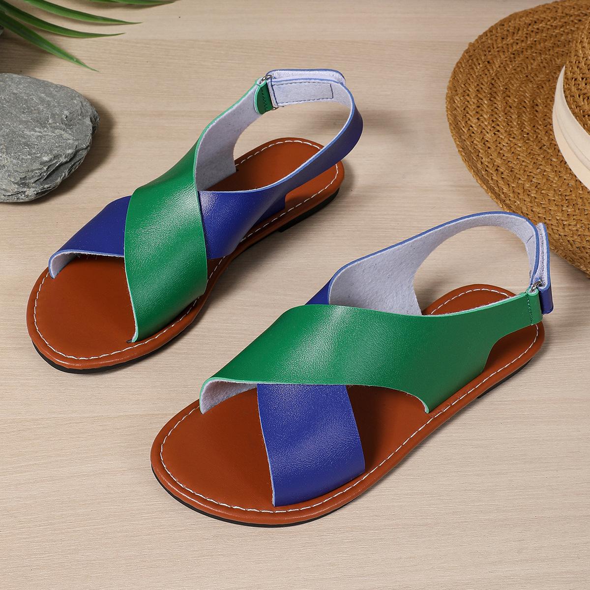 

Foreign trade new color matching cross with flat sandals women wear large size Velcro beach sandals wish 43 зелёный
