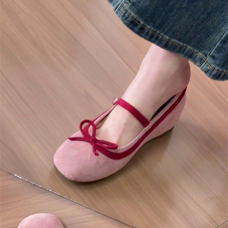 French bow shallow mouth single shoes women's small height increase 2025 spring new one-word belt Mary Jane shoes ballet shoes