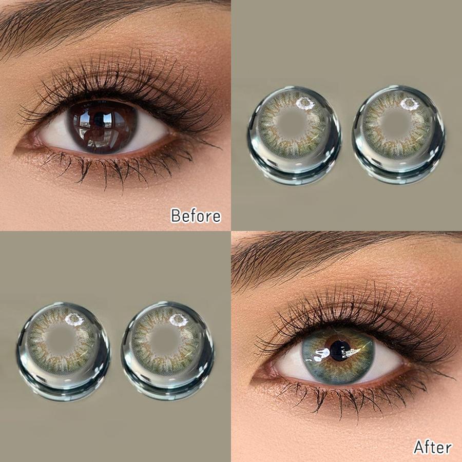 FreshLady 1 Pair (2pcs) 14.2mm Yearly Disposable 40% Water Content Colored Contact Lenses, Green, Gray, Brown