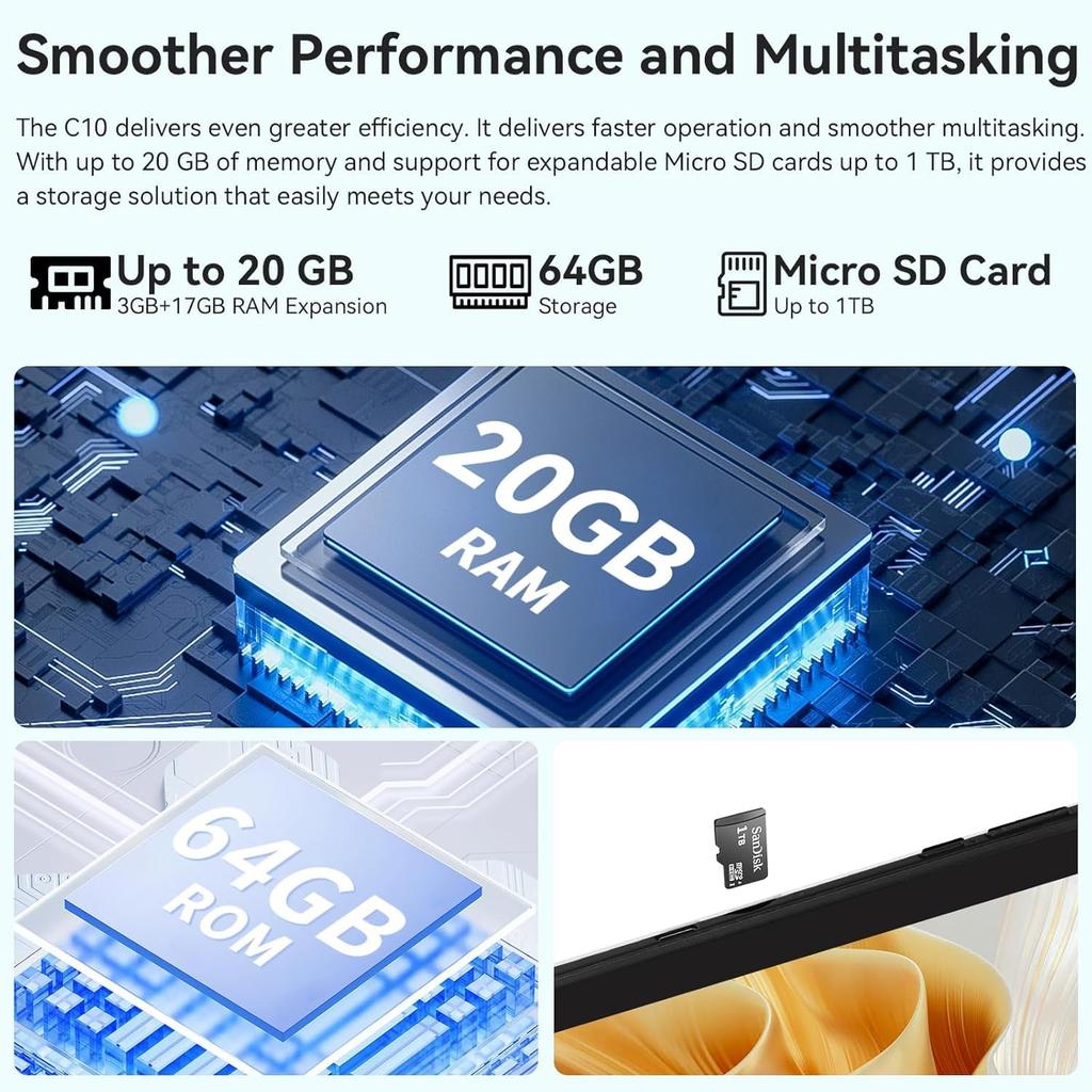 Tablet Android 15, 10,1 palce, 20 GB RAM, 64 GB ROM, WiFi 6, Widevine L1, HD IPS displej 120 Hz