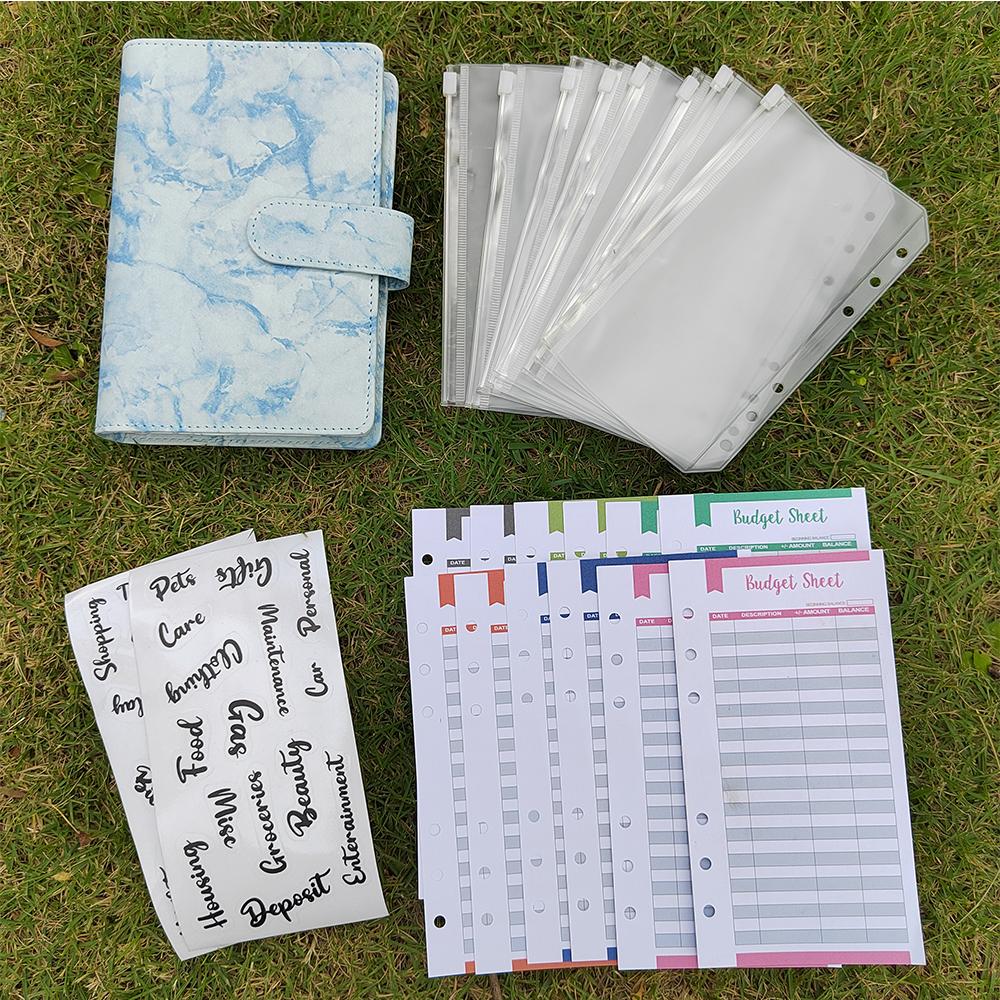 Marble binder clip organizer loose leaf PU leather notebook a5 a6 budget binder with zipper bag cash envelopes system binder (Blue,A6) синий