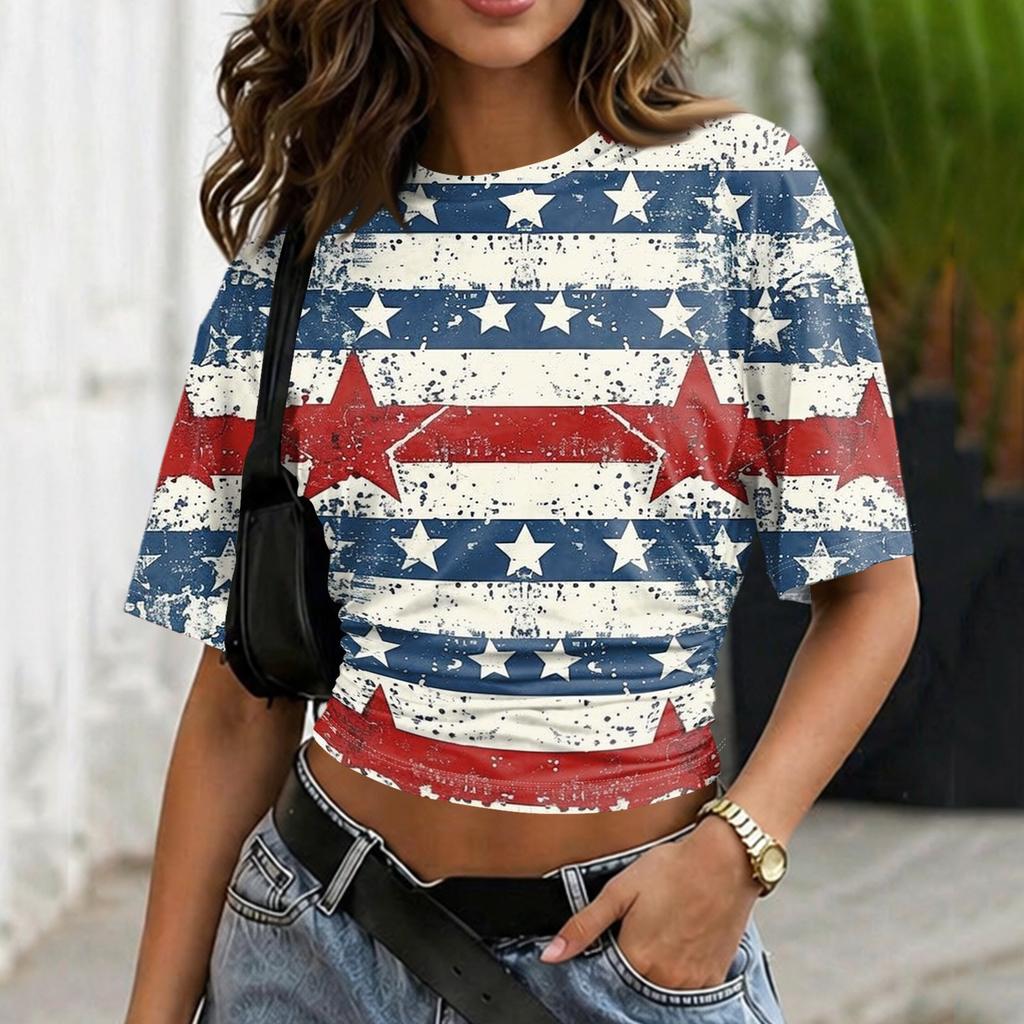 Women Crew Neck Pullover Short Sleeve T Shirt Loose Fit Casual Printed Tee Top