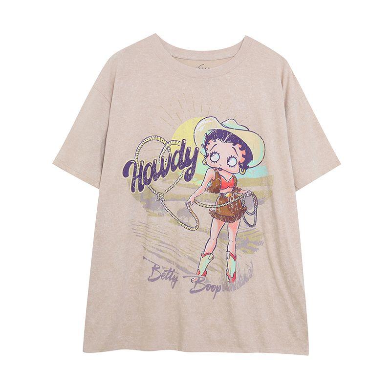 

Summer Super Good to Wear Washed Distressed Thin Casual Easiest for Match round Neck Cartoon Print Short Sleeve T-shirt for Women Loose Plus Size Picture Color XS