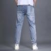 High-end heavy craft splicing tide men's spring new zip light blue jeans small leg trousers