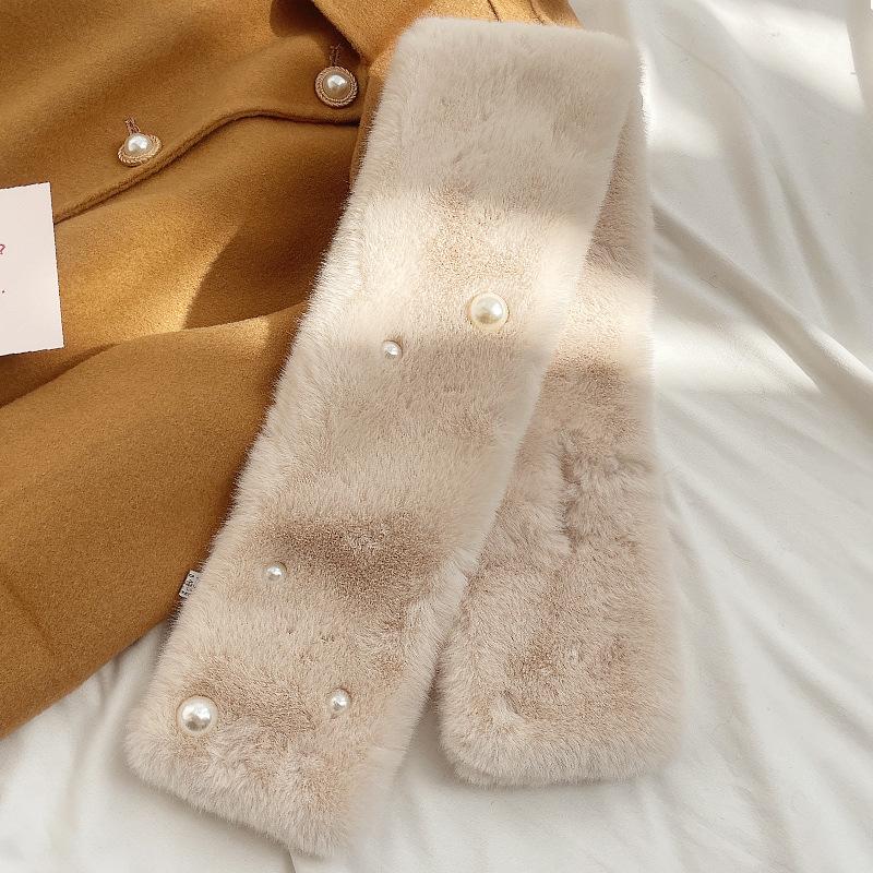 Modischer kleiner Schal aus Perlenplüsch von Dongdaemun für Damen im Winter, Kragen aus Imitationskaninchenfell, verdickter Halsschutz, vielseitiger Schal