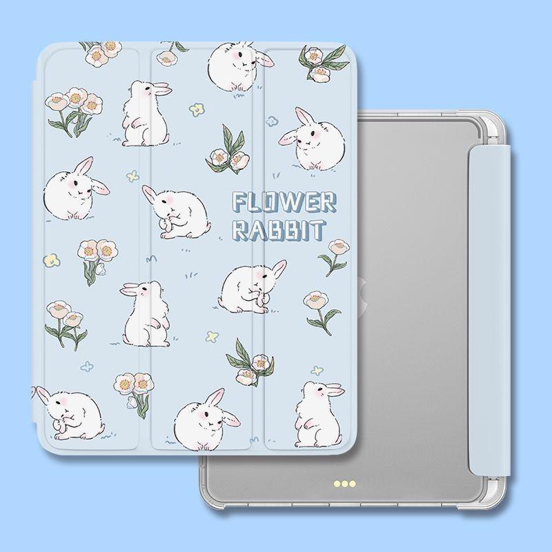 For iPad 2022 Gen10 10.9 Air4 Air5 10.9 Pro11 Pro12.9 Mini6/5/4 with Pencil Holder New High Quality Cute Floral Bunny Pattern iPad Tri-fold Flip Case