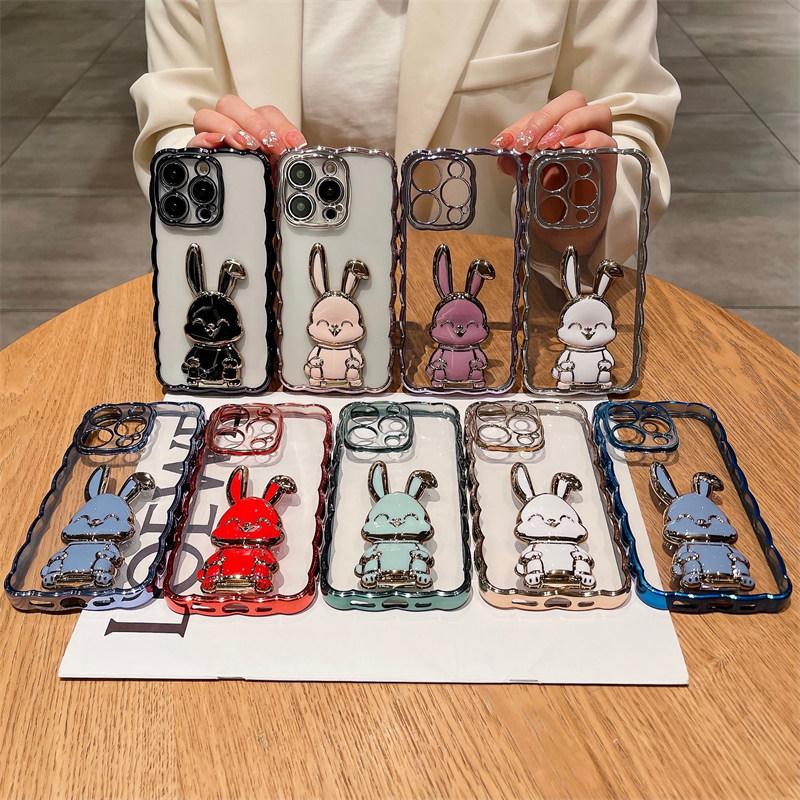 3d Cute Rabbit Stand Holder Phone Case For Iphone 14pro 13 12 11 14 Pro Max 14 Plus 14 Clear Shockproof Curly Wave Plating Cover