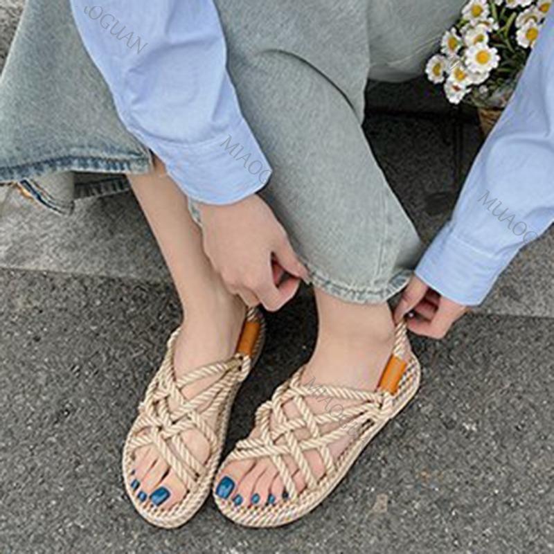 Fashion New Colourful Braided Sandals for Women Summer Flat Bottom Beach Bohemia Rome Women Cool Hemp Rope Sandal Casual Female Shoes