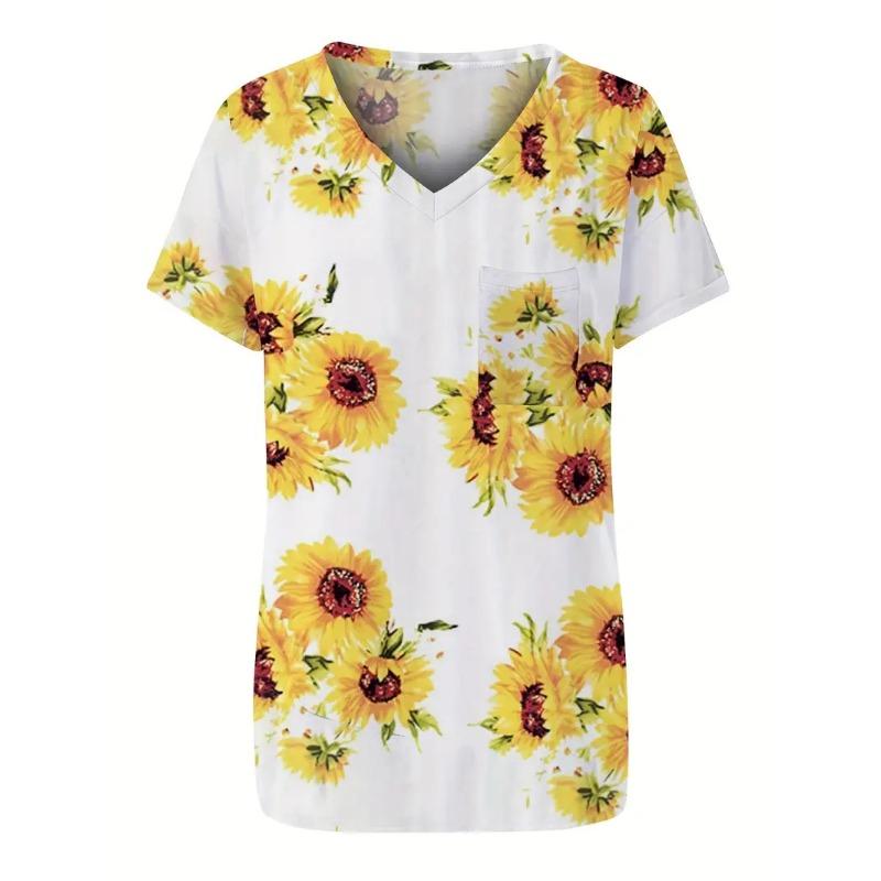 T-Shirt mit Sonnenblumen-Print und V-Ausschnitt, lässiges Kurzarm-T-Shirt für Frühling und Sommer, Damenbekleidung
