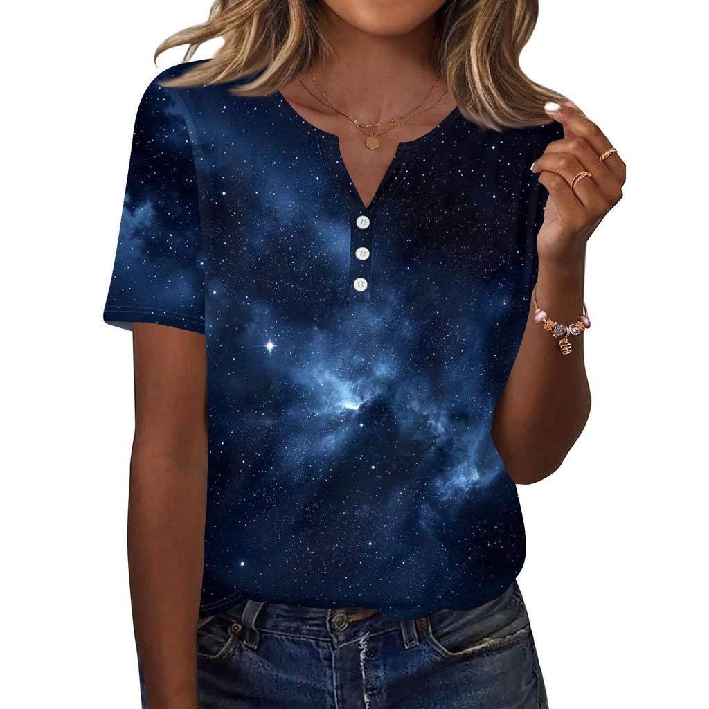 Tricou de damă, cu nasturi, cu mânecă scurtă, de zi cu zi, la modă de weekend, de bază, cu decolteu în V, obișnuit