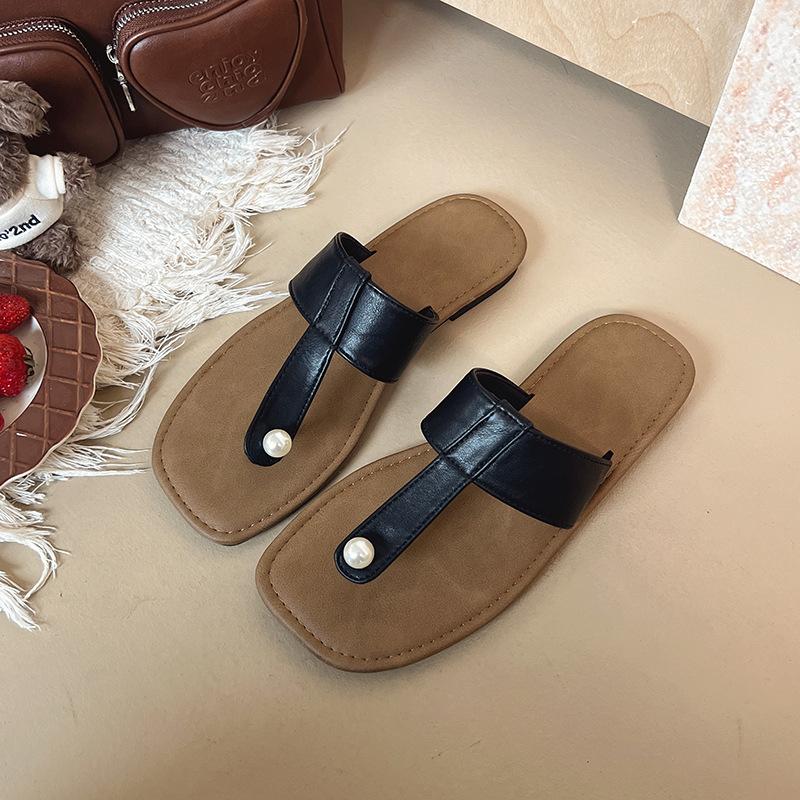 

French pearl toe cool slippers women s 2025 new spring and summer flat comfortable one-word strap with skirt beach shoes 40 чёрный