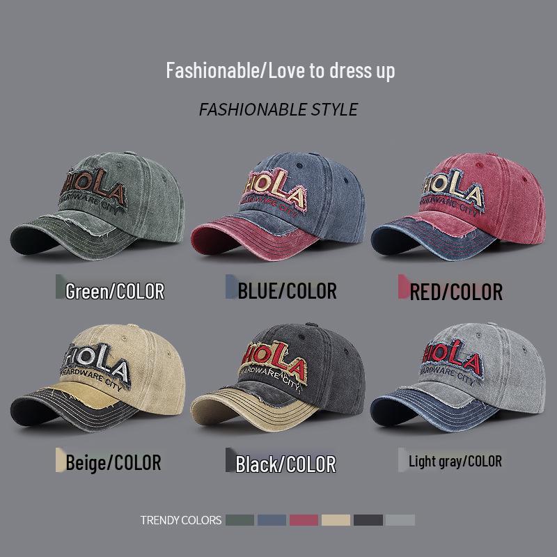 Zhen Yue Qi Cotton Baseball Cap with Distressed Patchwork and American Lettering Embroidery.