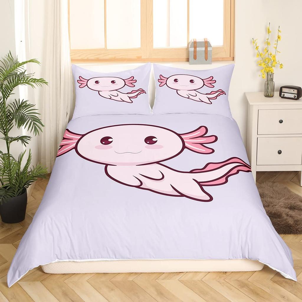 Cartoon Axolotl Duvet Cover Set King/Queen Size Kids Girls Boys Cute Rainbow Sea Wildlife Animal Reptile Bedding Set