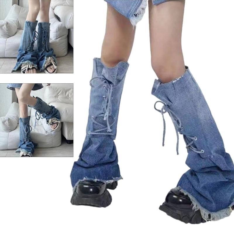 Women Cute Denims Leg Warmers Girls 80s Harajuku Punk Knee High Leg Socks Preppy Stockings Gothic Clothes Y2K Streetwear