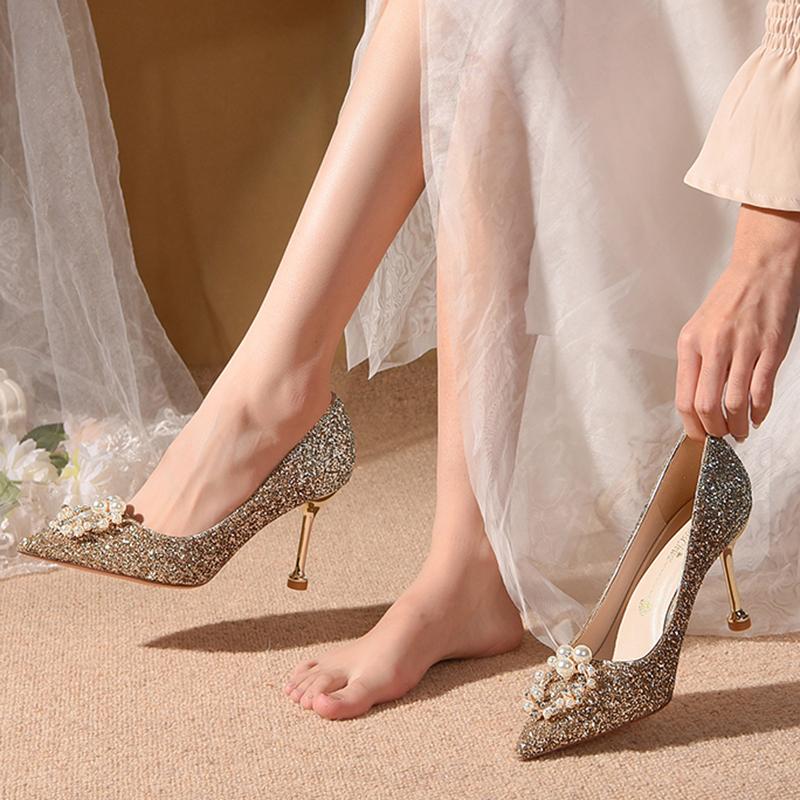 Rimocy Fashion Glitter Thin Heels Pumps Women Slip -On Elegant Pearl Buckle Wedding Shoes Woman Pointed Toe High Heel Party Shoes