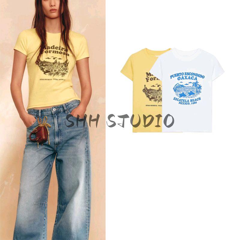 New Fall Women's Clothing Fashion All-Match Cotton Printing Casual Minimalist Round Neck Short Sleeve T-shirt 0085805