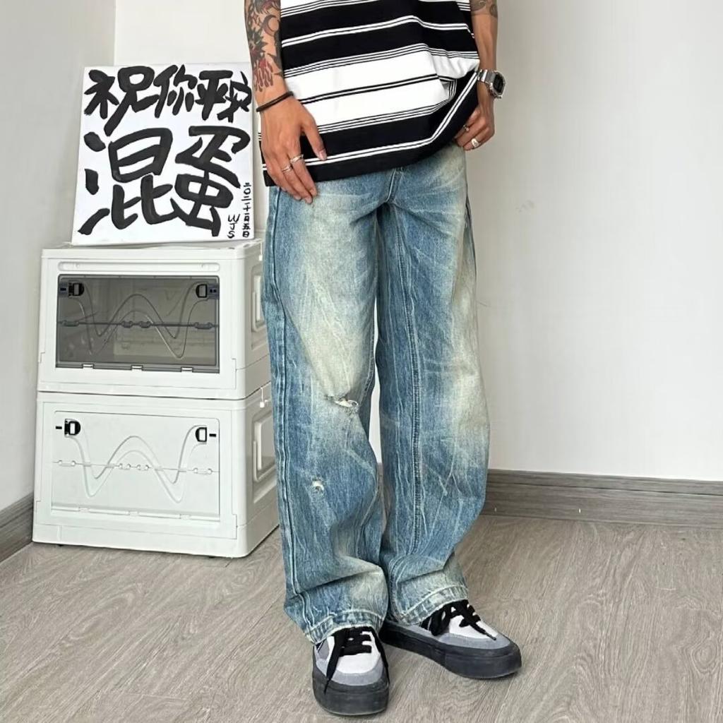 JYL Men's  Blue Jeans Spring Summer Loose Wide-Leg Draped Straight Denim