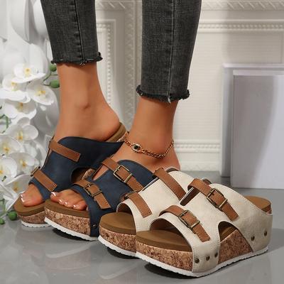 Thick-soled Wedge Heel Slippers Summer Belt Buckle Riveted Beach Toe Exposed Women's Shoes