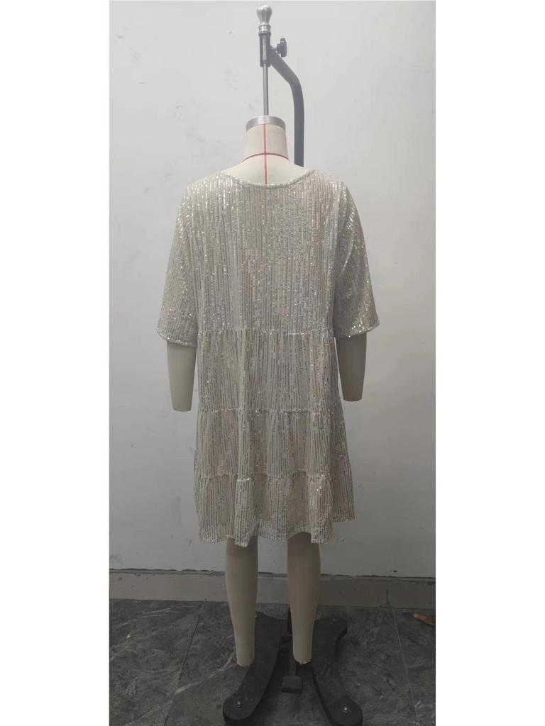 Euro-American Sequin Colorblock Evening Gown: Short Sleeve, Loose Fit, Round Neck