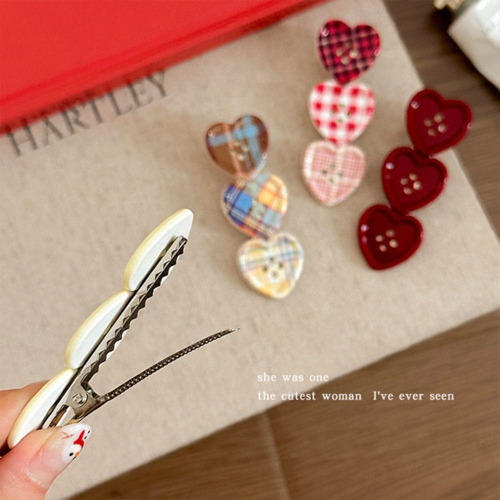 Non Slip Heart Hair Clip Plaid Pattern Button Hair Clip Fashion Plaid Hair Clip Gifts