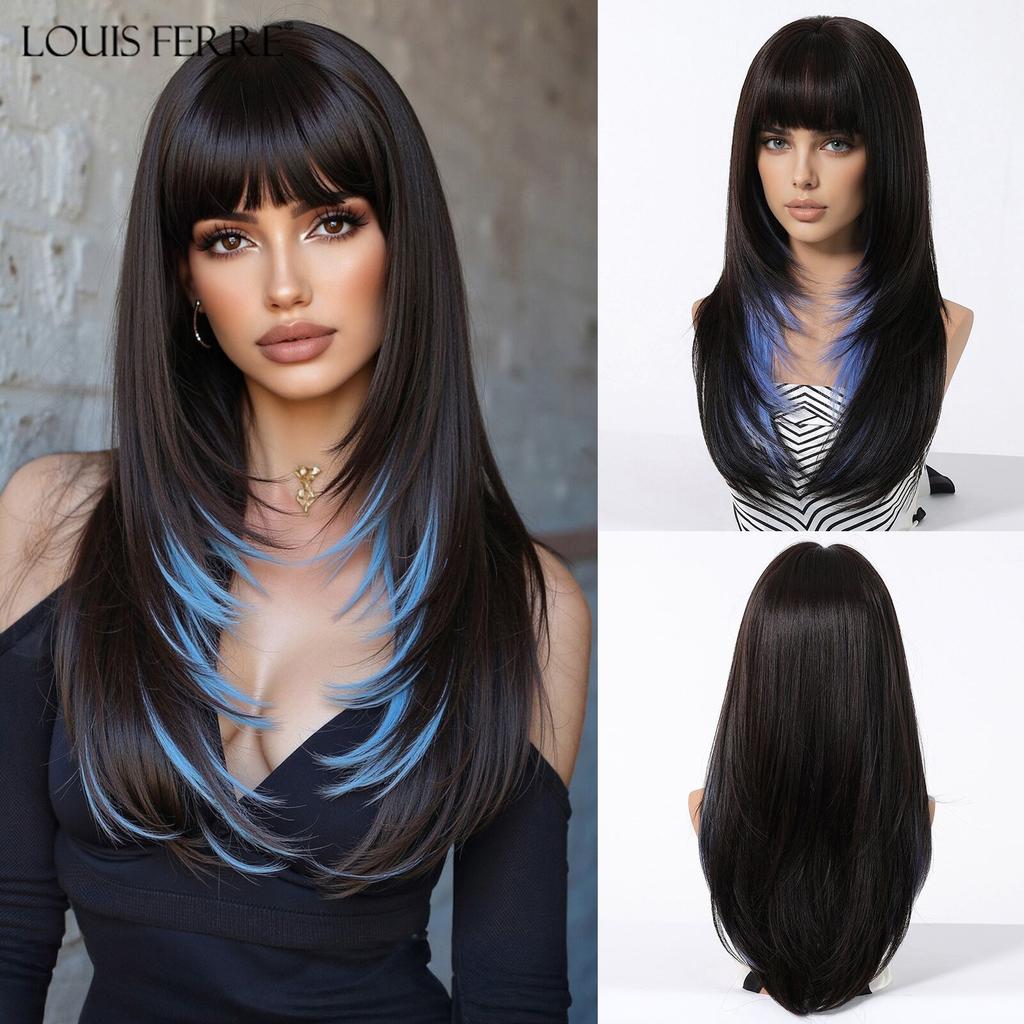 LOUIS FERRE Brown Base Blonde Highlights Medium Straight Layered Wig With Bangs Synthetic Hair Heat Resistant Women Daily Party