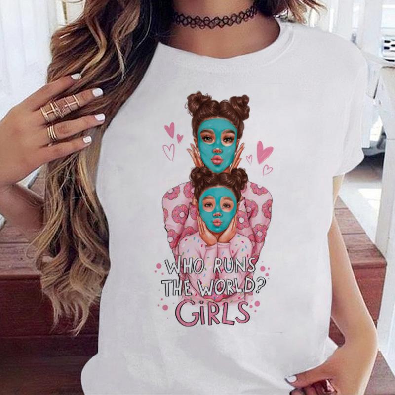Women's Top Urban Girl Printed Casual White Cute Simple Retro Front Shoulder Pure Cotton Short Sleeved T-Shirts Women’s