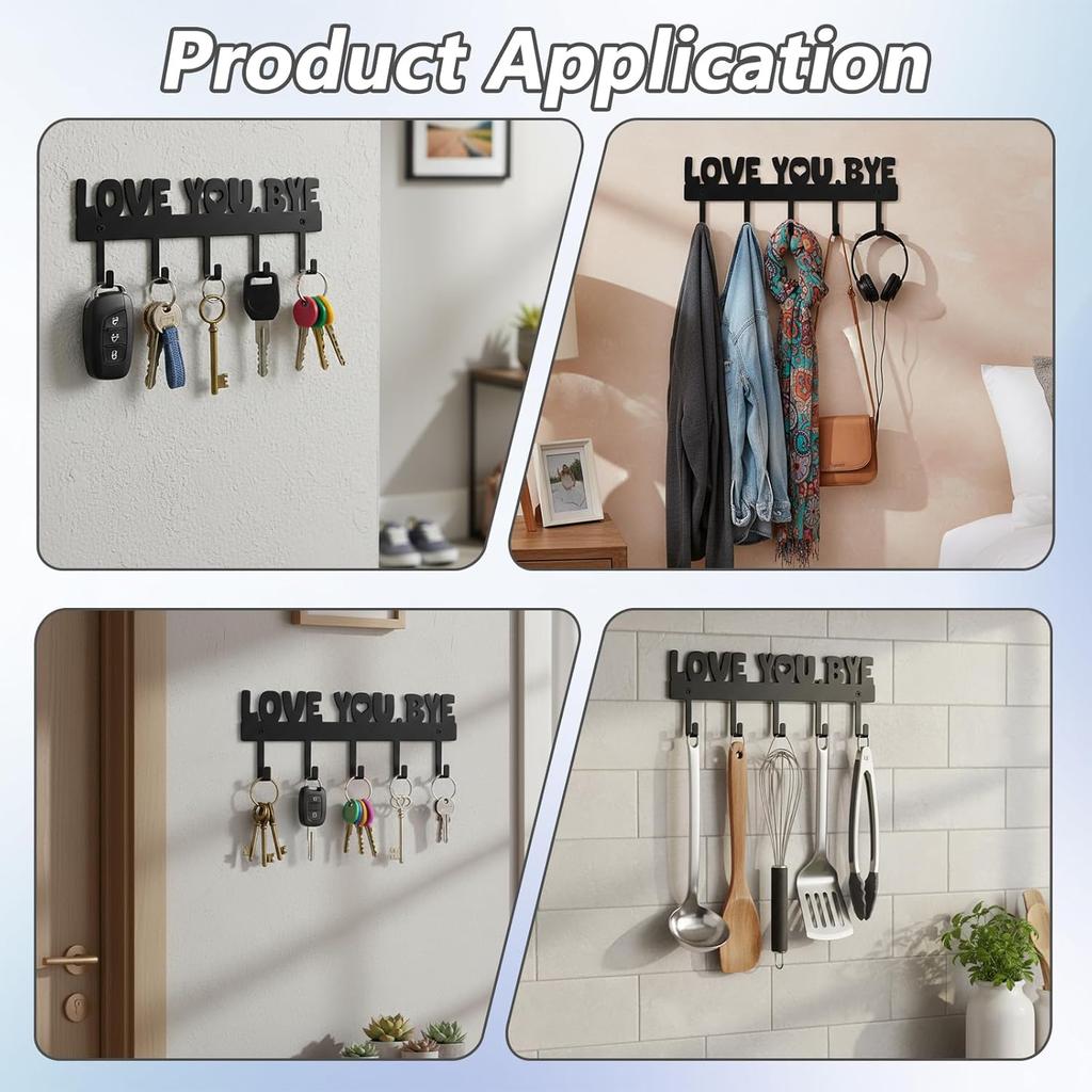 Key Holder Wall Mount, Large 'Love You.Bye' Entryway Organizer with 5 Hooks,Black Metal Key Hanger —No Drill Adhesive for Home Wall Decor