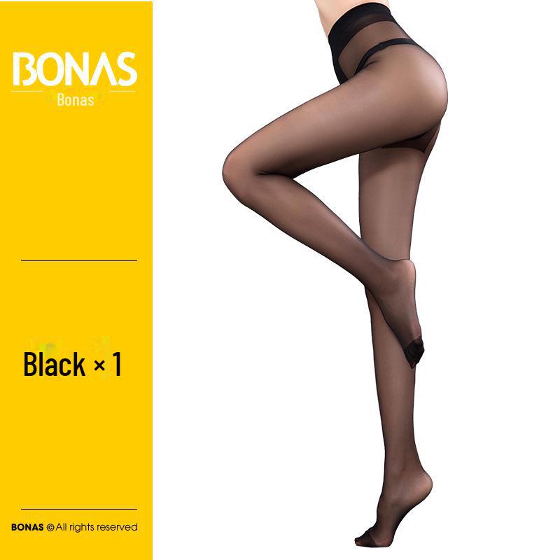 Bonas Seamless Ultra-Thin Black T-Crotch Pantyhose - Women's Summer Anti-Snag Invisible Stockings