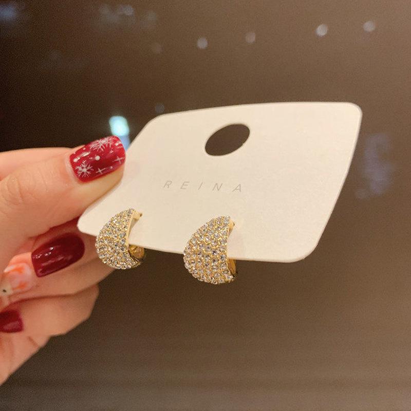 Korean Dongdaemun Minimalist Diamond Teardrop Hoop and Metal Stud Earrings for Women