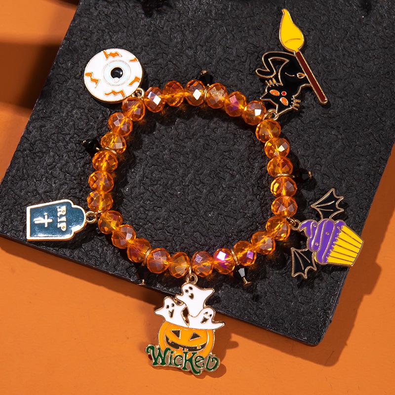 Halloween Beaded Stretch Bracelet for Women Ghost Pumpkin Spider Cat Witch Charm Costume Jewelry