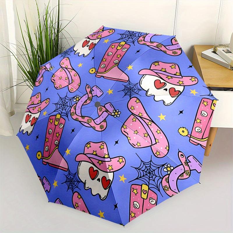 1pc Cowboy Halloween Compact Travel Umbrella, Automatic Folding Lightweight Windproof 8-Bone Reinforced Design,012076