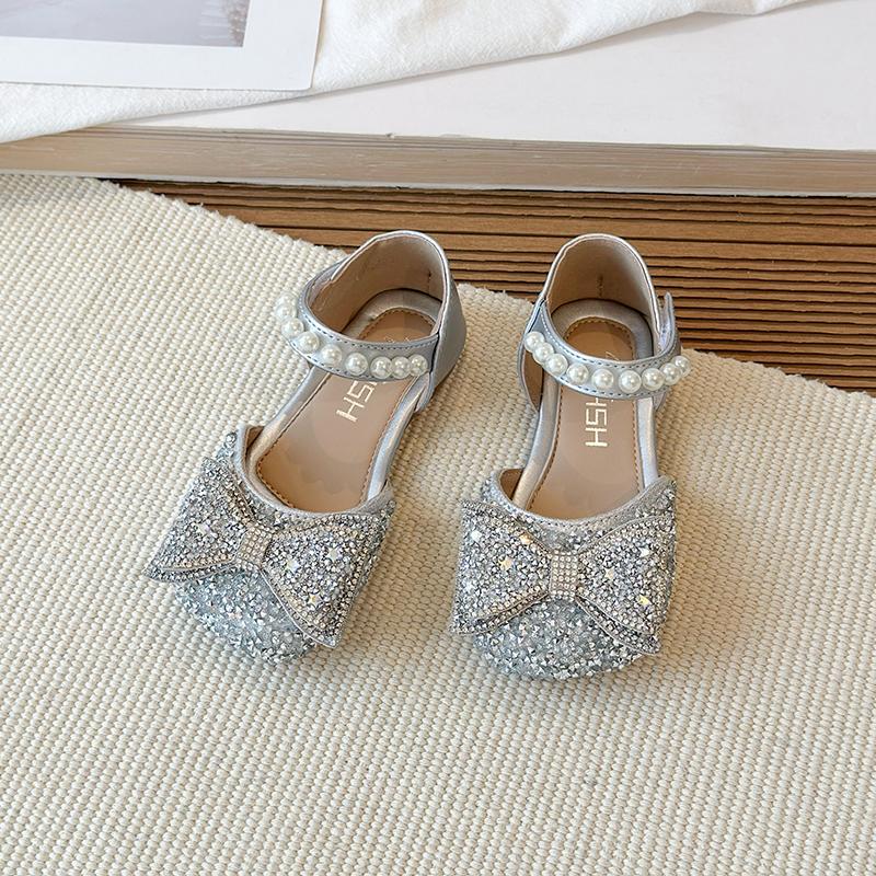 Girls' Leather Shoes New Rhinestone Single Shoes Fashionable Girls' Bow Princess Shoes Children's Toe Cap Crystal Sandals
