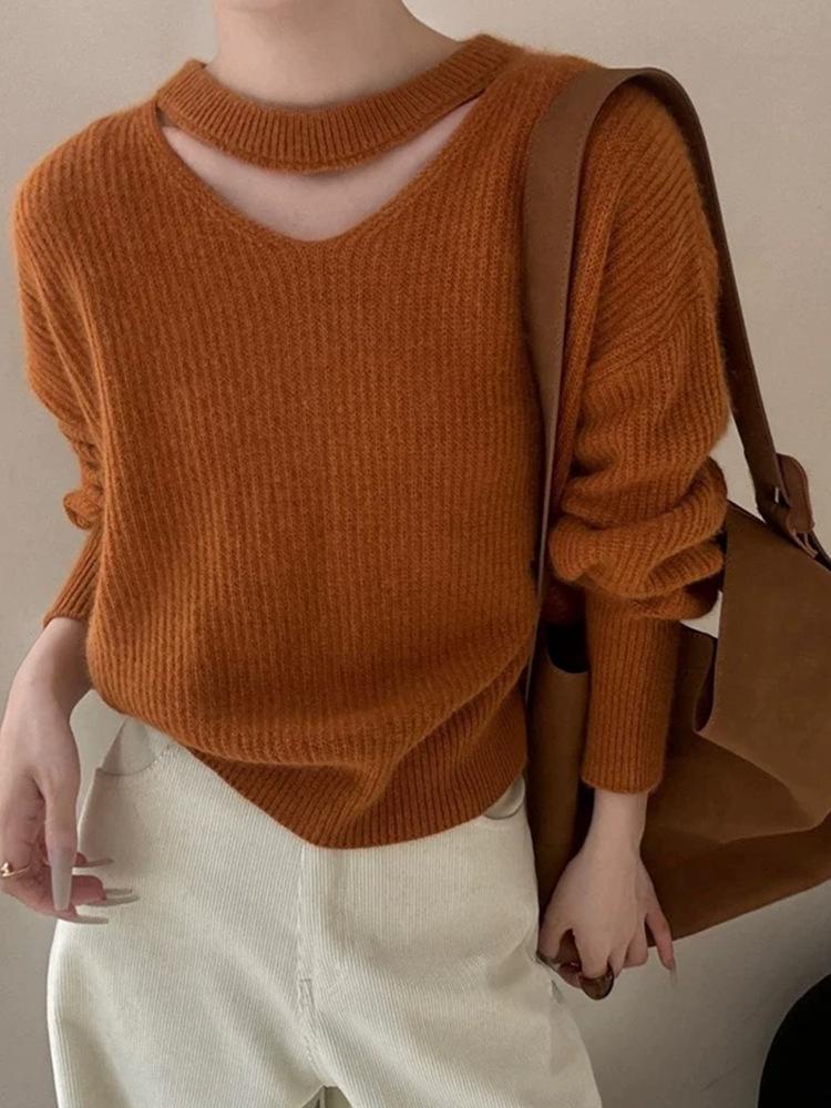 Women's V-Neck Halter Neck Pure Wool Sweater - Elegant Autumn/Winter Loose Knit Pullover