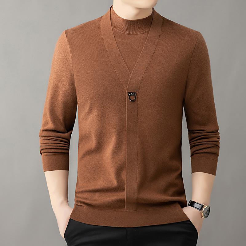 Spring and Autumn Men's Half Turtleneck Fake Two-piece Sweater Pullover Slim Korean Style Warm Sweater