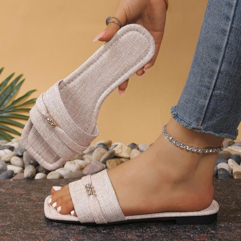 Fashion 2025 Summer Plus Size Women's Slippers Hot Sale Square Toe String Bead Flat with Sandals Outdoor Daily Casual Open Toe Slippers